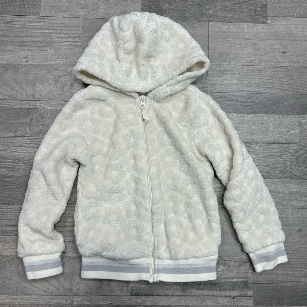 Wonder Nation Girls White and Silver Floral Fleece Plush Full-Zip Sweater XS